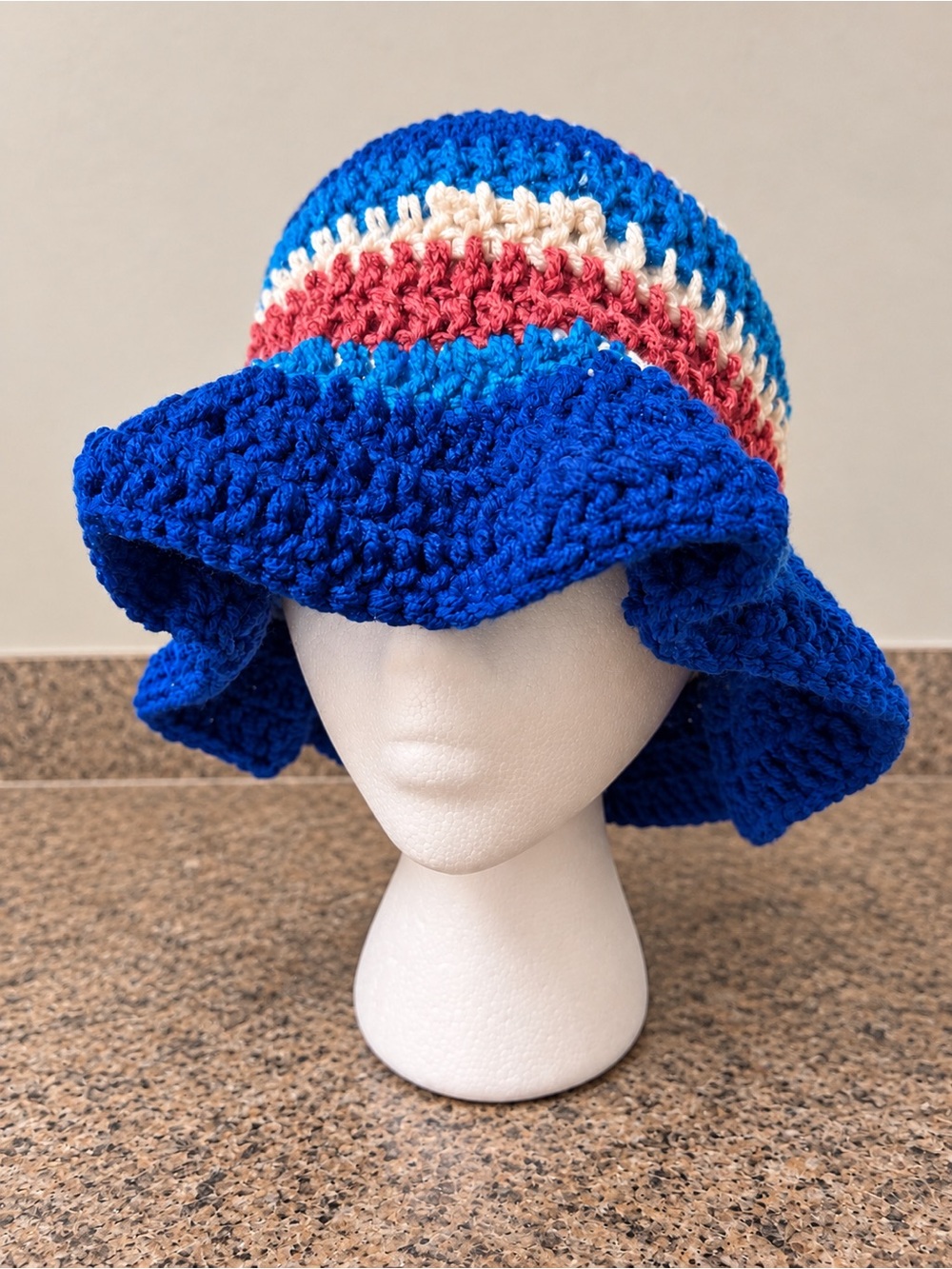Handmade Crochet Sun Hat in Blue, Pink & Cream